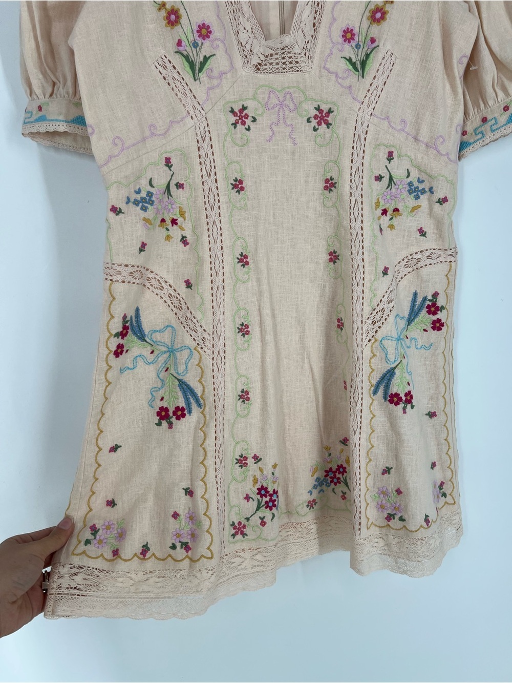 Anthropologie Pink Floral Embroidered Linen Blend V Neck Mini Dress 6 NWOT - Picture 4 of 11